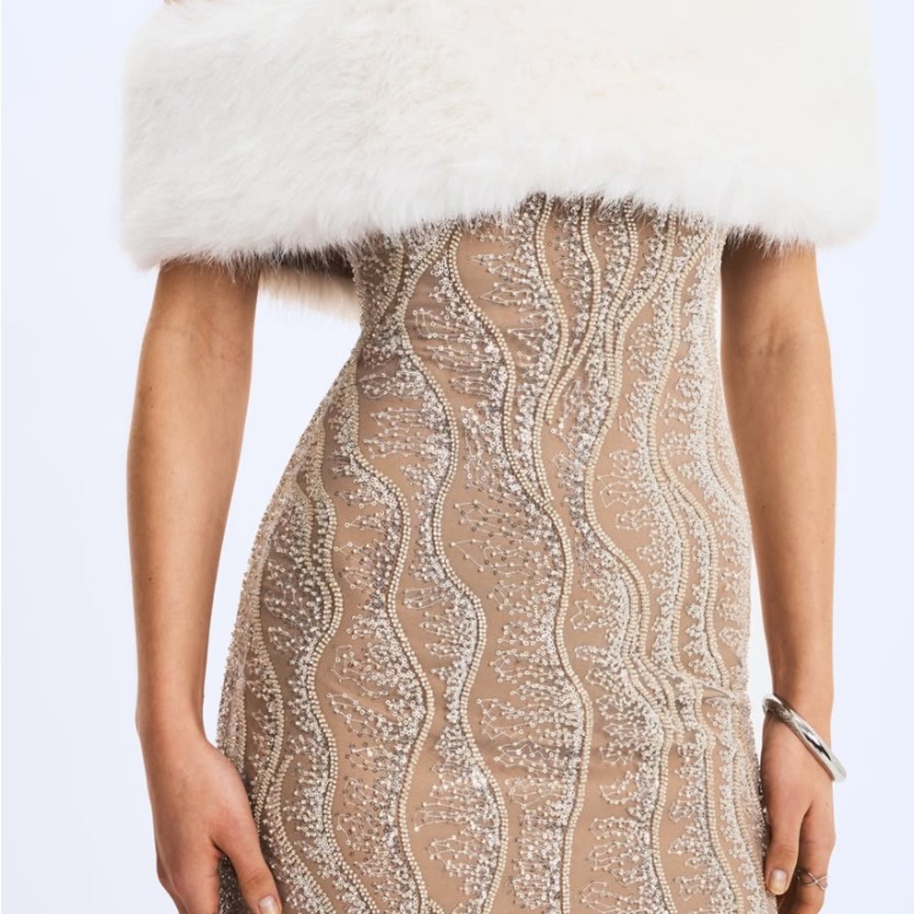 MissCircle Averie White Fur Off Shoulder Sequin Mini Dress